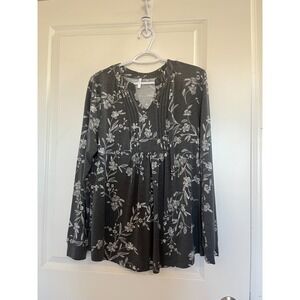 Anyally Womens Large Gray White Floral Long Sleeve Pleated Front Tunic Top Boho